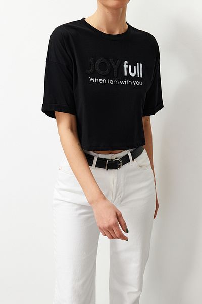 Edit by Trendyol Black Text Printed Crop Knitted T-Shirt TEDSS24TS00016