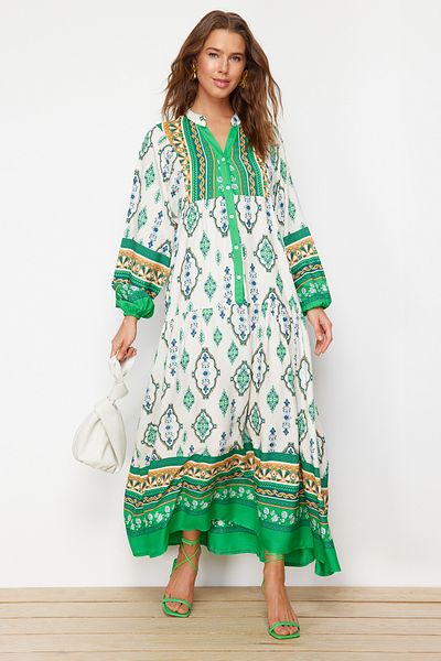 Trendyol Modest Zelené tkané viskózové šaty s květinovým vzorem TCTSS24EB00234