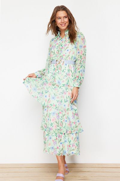 Trendyol Modest Zöld öves bélésű sifon virágos szőtt ruha TCTSS24EB00024