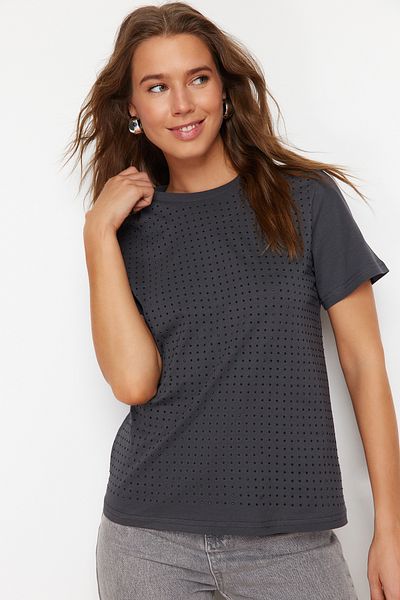 Trendyol Collection Anthracite 100% Cotton Stone Detailed Regular/Normal Fit Crew Neck Knitted T-Shirt TWOSS24TS00170