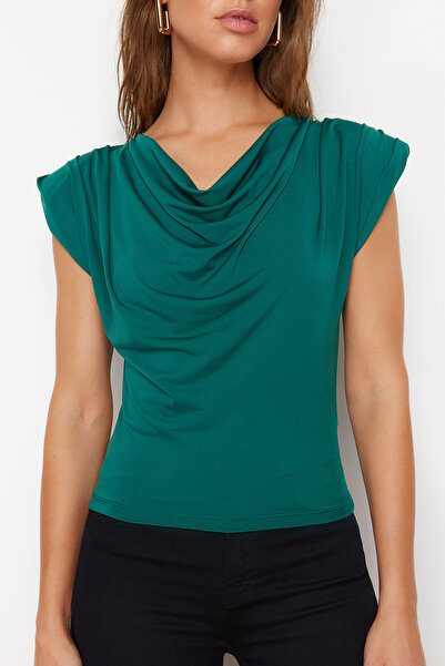 Trendyol Collection Emerald Green Degaje Collar Padded Sandy Stretch Knitted Blouse TWOSS24BZ00597