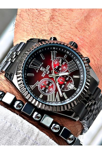 Reward Men's Wristwatch and Bracelet with Gift - Black Steel Cord