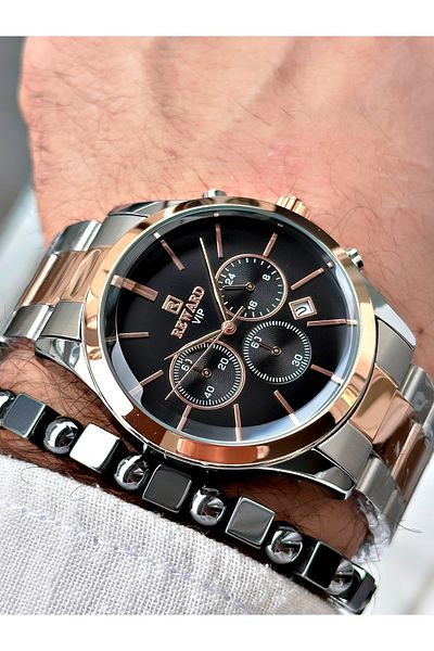 Reward Men's Wristwatch and Bracelet Gift - Rose Silver Color, Steel Cord