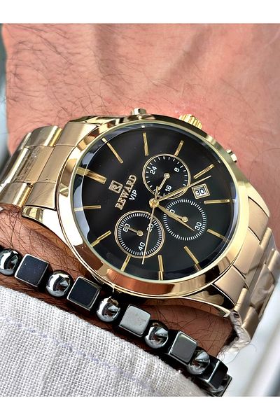 Reward Men's Wristwatch and Bracelet with Gift - Gold Color Steel Cord