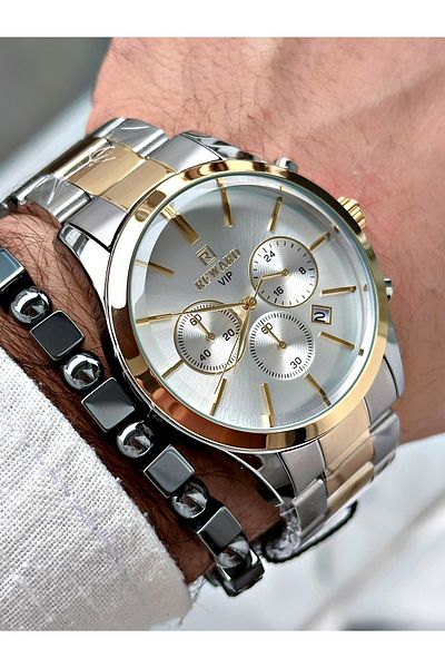 Reward Men's Wristwatch and Bracelet - Gold Silver Colored Steel Cord, Gift