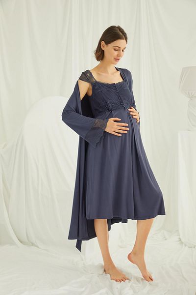 misigo Lace Front Buttoned Maternity Dressing Gown Set Navy Blue