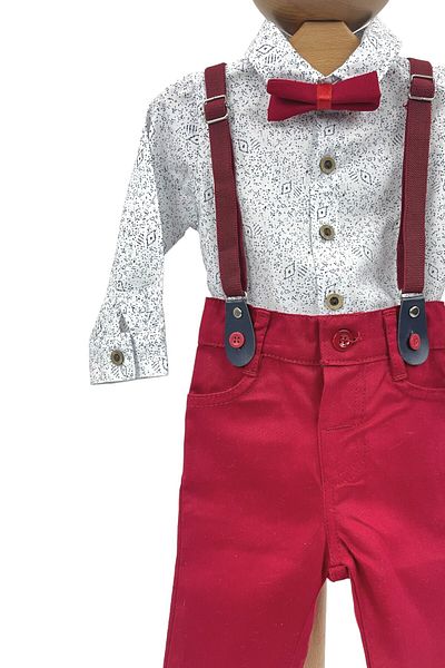 Pivami Baby Boy Suit, Shirt, Trousers, Bow Tie and Straps Red
