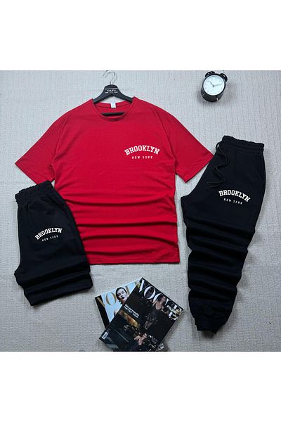 khufu Oversize Red Relaxed Fit Brooklyn Printed T-shirt Black Shorts and Sweatpants 3-Piece Set Unisex