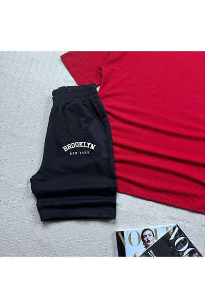 khufu Oversize Red Relaxed Fit Brooklyn Printed T-shirt Black Shorts and Sweatpants 3-Piece Set Unisex