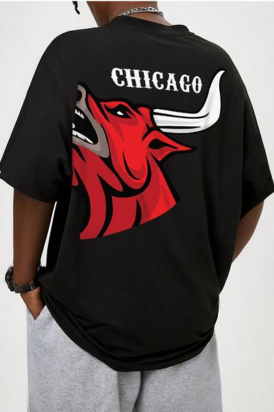 MODAGEN Ανδρικό μπλουζάκι Oversize με μαύρη λαιμόκοψη Chicago με στάμπα