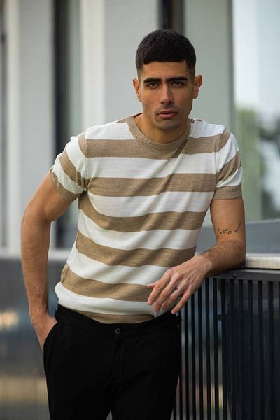ixir Ανδρικό πλεκτό μπλουζάκι Crew Neck Horizontal Stripe - Καφέ Λευκό