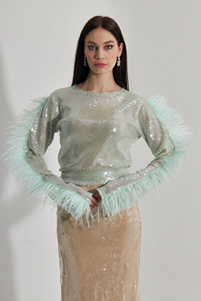 Lasiento Marcus Tüy Detaylı Mint Yeşili Payetli Bluz Elbise