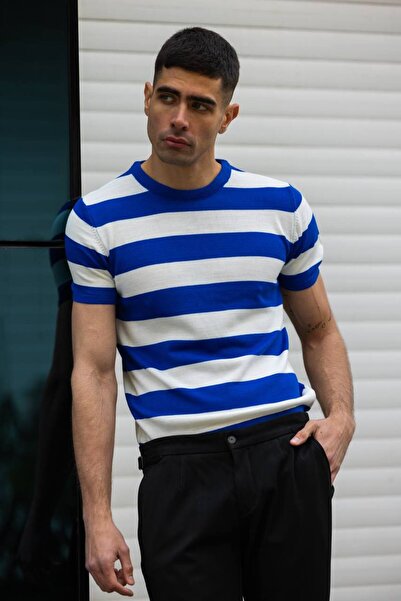 ixir Ανδρικό πλεκτό μπλουζάκι - Οριζόντια ρίγα, λαιμόκοψη, μπλε και λευκό