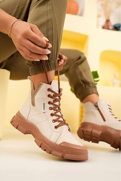 Prego Windif Thermo Αντιολισθητική Σόλα Lace Up Πέτρα με φερμουάρ Λεπτομερής Σόλα Ραμμένη Καθημερινές Γυναικείες Μπότες ΜΠΕΖ ΚΑΦΕ