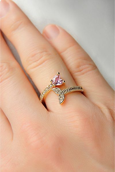 MakeWell Gold Plated and Rhinestoned Heart Fish Design Adjustable Ring