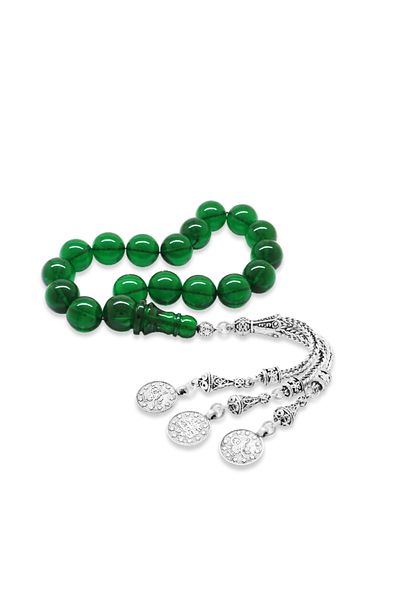Tesbihane Tarnish Metal Mecidiye Tasseled Globe Cut Emerald Green Fire Amber Efe Rosary
