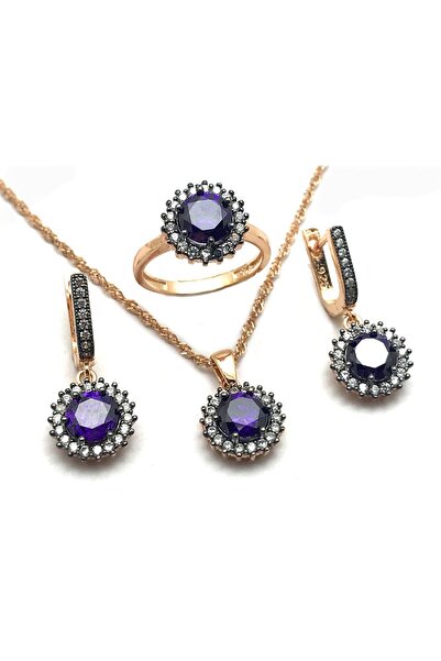 Doğan Silver 925 Ayar Gümüş Ametist Taşlı Çiçek Tasarım Üçlü Rose Kaplama Zir...