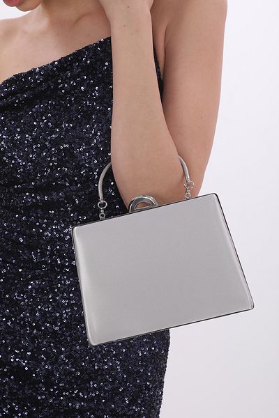 womenacs Ασημί Χρώμα Σατέν Βραδινό Φόρεμα Portfolio Clutch Γυναικεία Τσάντα Νέας Σεζόν