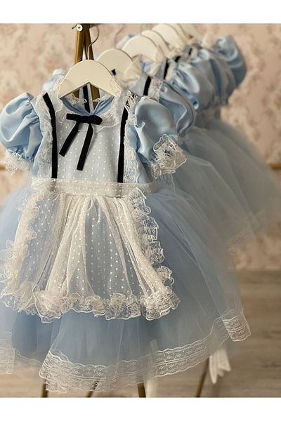 İPEKACOUTURE Rochie pentru fete din satin cu maneci cu balon - Alice cu decolteu cu panglica