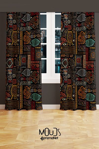 Moud's Hitit Figure 4 Patterned Suede Living Room Hall Background Curtain Printed Extrafor Drawstring 2 Sash PRD-1017