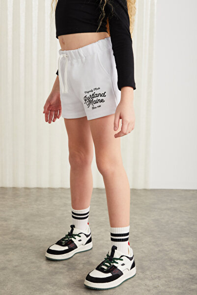 GRIMELANGE LAINEY-GRM24041 100% pamuk 3 iplik baskılı kız çocuk şort Beyaz Şort