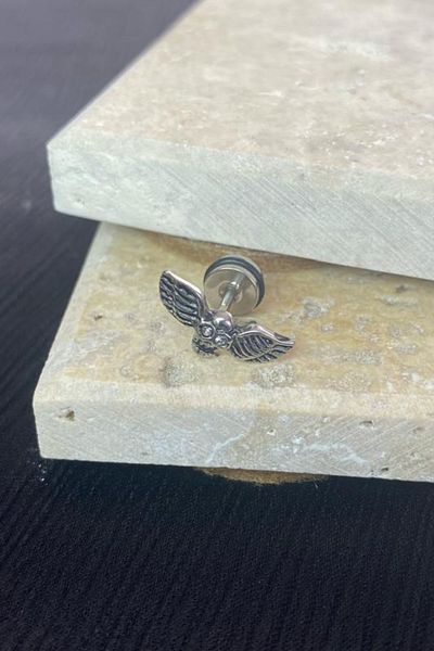 Jaida Moda Unisex Silver Gothic Skull and Wing Figured Rhinestone Steel Stud Earrings