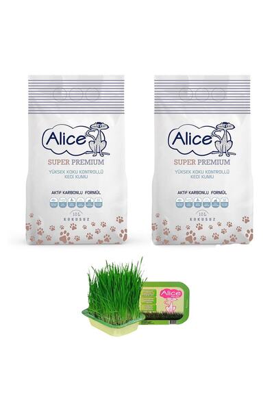 Alice Aktif Karbonlu Super Premium Topaklaşan Kedi Kumu 2x10 Lt Ve Kedi Çimi