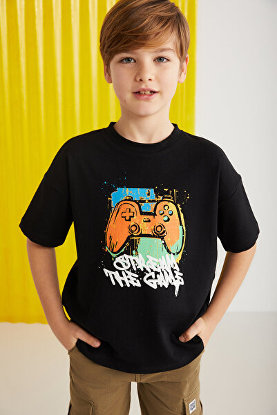 GRIMELANGE Černé tričko Jery Boy s krátkým rukávem a potiskem ze 100% bavlny