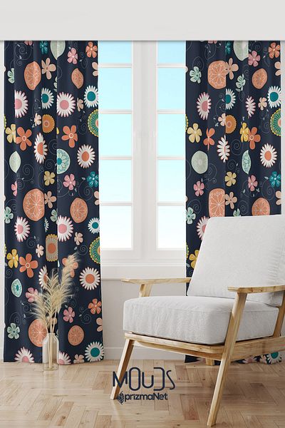 Moud's Navy Blue Flower Patterned Suede Living Room Hall Background Curtain Printed Extrafor Drawstring 2 Sash PRD-1021