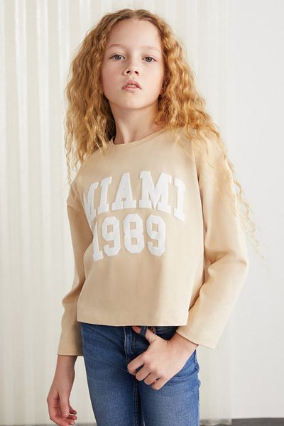GRIMELANGE Cherly-grm24020-100% bumbac imprimat tricou fetiță cu mânecă lungă Tricou bej