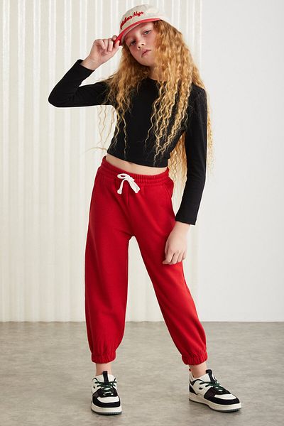 GRIMELANGE INGRID-GRM24033 75% cotton 25% polyester with ornamental label roster thread girl jogger Red Tracksuit