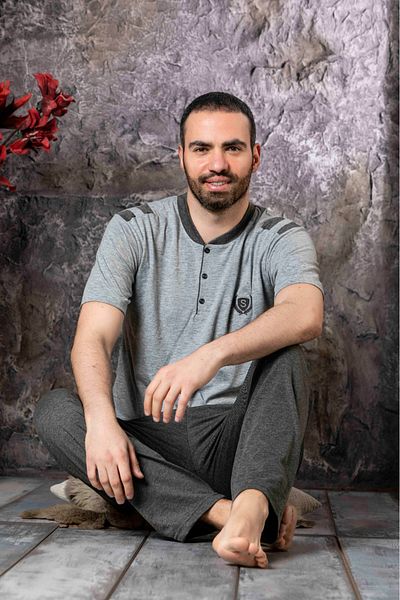Eyfuze Ανδρικό σετ πιτζάμες με κοντό μανίκι πλεκτό χτενισμένο βαμβακερό με τσέπες με κουμπιά
