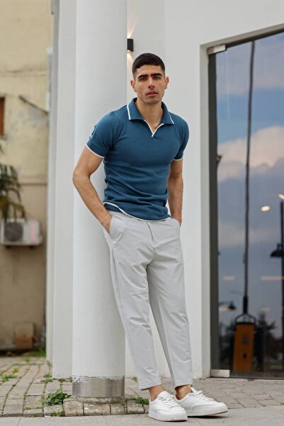 ixir Мъжка трикотажна тениска с раирано поло деколте синя