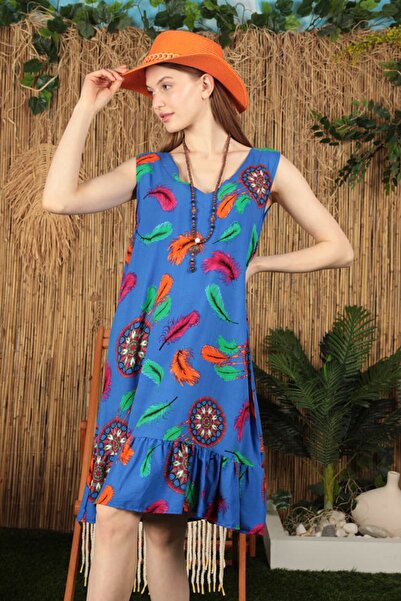 vuvutasarım Жіноча сукня міді з віскозної тканини батик та етнічним візерунком з нульовим рукавом нового сезону