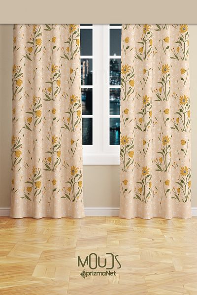 Moud's Camomile Daisy Patterned Suede Living Room Hall Background Curtain Printed Extrafor Drawstring 2 Sash PRD-1040