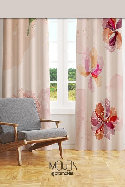Moud's Flower Art Patterned Suede Living Room Hall Background Curtain Printed Extrafor Drawstring 2 Sash PRD-1030