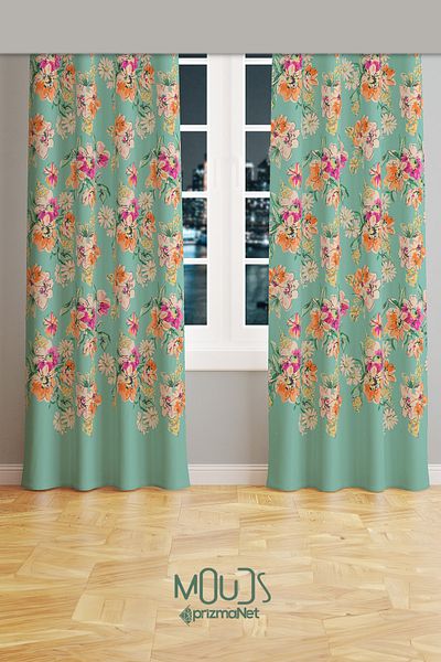 Moud's Old Flowers Pattern 4 Patterned Suede Living Room Hall Background Curtain Extrafor Drawstring 2 Sash PRD-1034