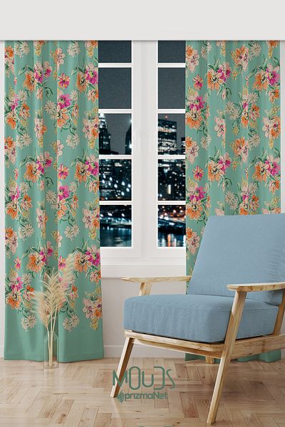 Moud's Old Flowers Pattern 4 Patterned Suede Living Room Hall Background Curtain Extrafor Drawstring 2 Sash PRD-1034