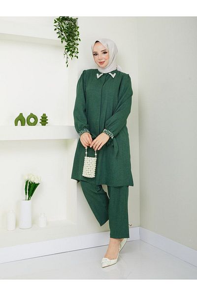 asyadabutik Large Size Double Hijab Set with Pearl Beaded Collar and Cuffs