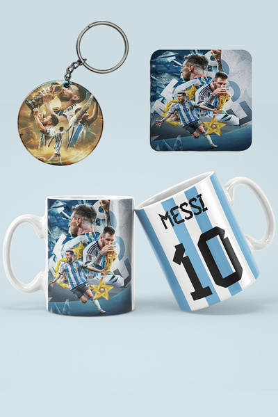 OYART&DESIGN Messi Dünya Kupası Baskılı Kupa Bardak Anahtarlık Ve Bardak Altlığı