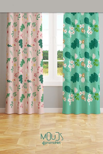 Moud's Green Pink Leaf Patterned Suede Living Room Hall Background Curtain Extrafor Drawstring 2 Sash PRD-1035