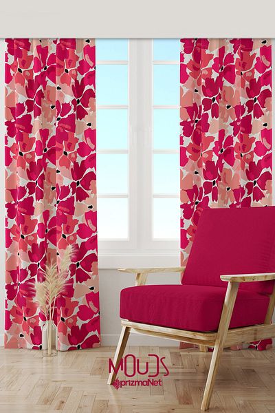 Moud's Cherry Blossom Patterned Suede Living Room Hall Background Curtain Printed Extrafor Drawstring 2 Sash PRD-1023