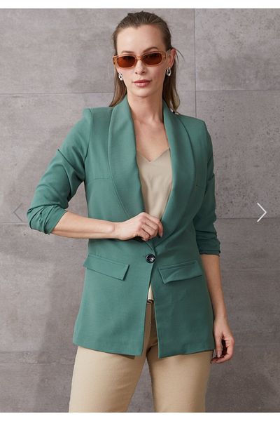 Alegante Stylish Women's Gathered Sleeve Green Blazer Jacket