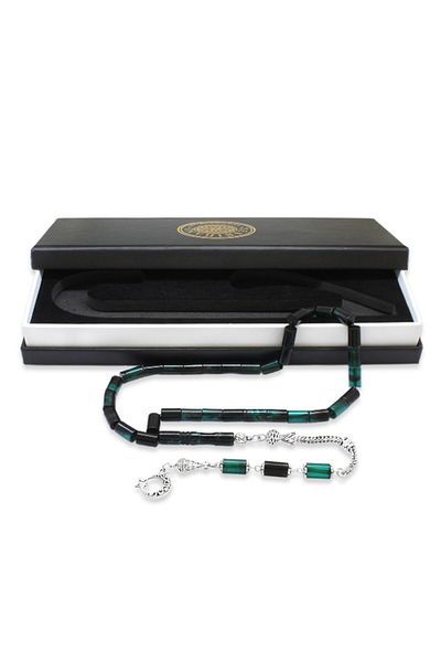 Tesbihane Non-Tarnish Metal Tasseled Cut Petrol Green-Black Fire Amber Prayer Beads