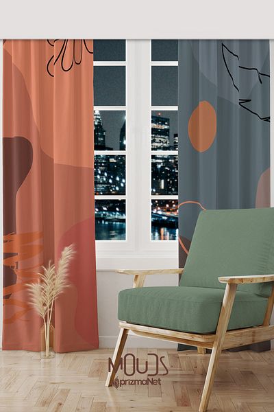 Moud's Best Pastel Patterned Suede Living Room Hall Background Curtain Printed Extrafor Drawstring 2 Sash PRD-1049