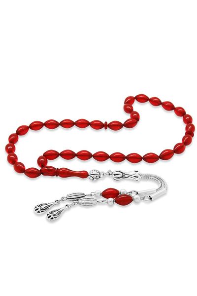 Tesbihane Non-Tarnish Metal Water Drop Tasseled Barley Cut Wrist Size Flag Red Fire Amber Prayer Beads