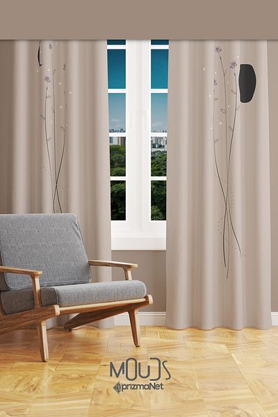 Moud's Beige Minimal Flower Patterned Suede Living Room Hall Background Curtain Printed Extrafor Drawstring 2 Sash PRD-1058