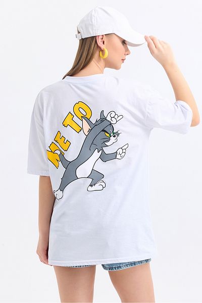 MD trend Women's Front And Back Tom Jerry Printed Cotton Oversize T-Shirt