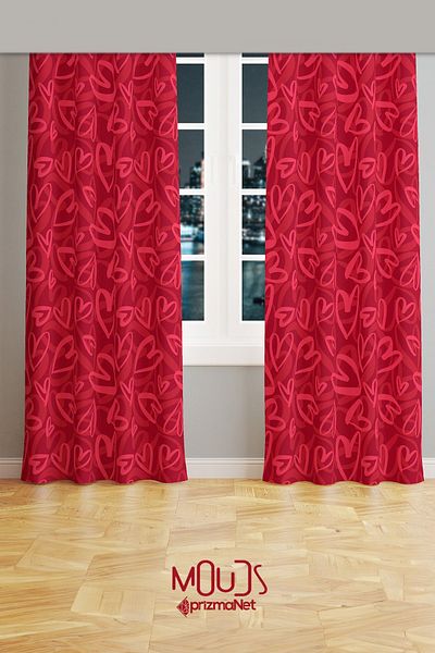 Moud's Red Pink Hearts Patterned Suede Living Room Hall Background Curtain Extrafor Drawstring 2 Sash PRD-1044