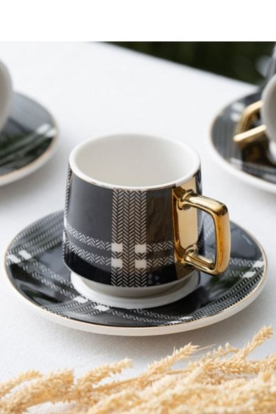 ACAR Porcelain Mira 6-Person Coffee Cup Set Gold Gilt Black - PORJ-05212